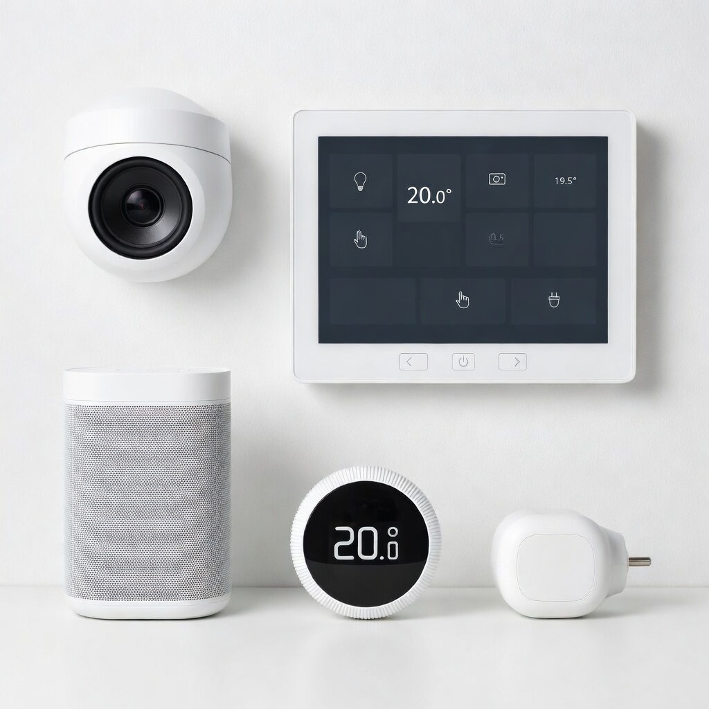 Sélection d’appareils pour la maison connectée : caméra, tablette de contrôle, enceinte, thermostat et prise.